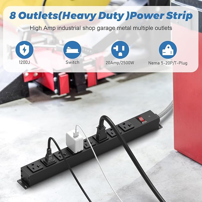 HEZI 20 Amp Power Strip Surge Protector 1200J, Metal 8 Outlets Heavy Duty 20amp, 15Ft 12 Gauge Extension Cord for Appliance Workbench Garage Industrial, Combine with T-Plug Adapter,5-20R T-Slot