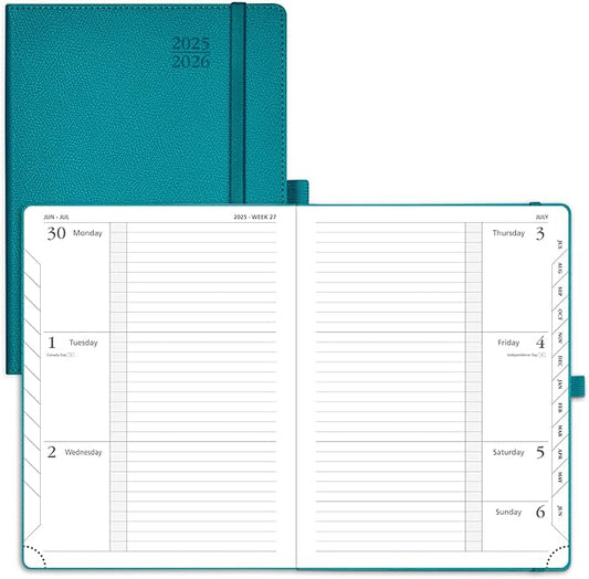 POPRUN Planner 2025-2026 (Medium 6.75''x 8.75''), Horizontal Weekly Notebook Jul.2025 - Jun.2026, Academic Appointment Book with Monthly Tabs, Leather Hardcover, Inner Pocket, 100 GSM - Pacific Green