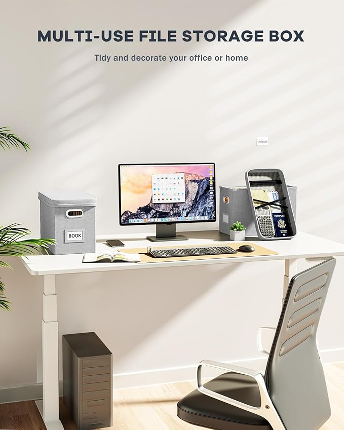 Oterri File Organizer Box with Lid, Hanging Filing File Box with Mesh Pocket, Document Organizer Box for Letter Files, Portable Storage Box with Smooth Sliding Rail for Office&Home (2 PCS, Light grey)