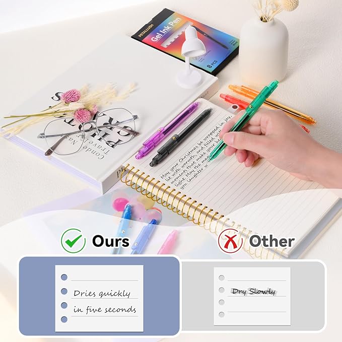 Gel Pens, 8 Pcs 0.5mm Black Ink Fine Point Smooth Writing Pens with 8 Refills, Quick Dry, Retractable Gel Ink Pens, Fun Pens for Teacher, Office, School, Gifts for Women and Men