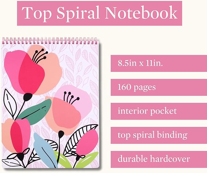 Steel Mill & Co Large Top Spiral Notebook College Ruled, 11" x 8.5" with Durable Hardcover and 160 Lined Pages, Pink Poppy