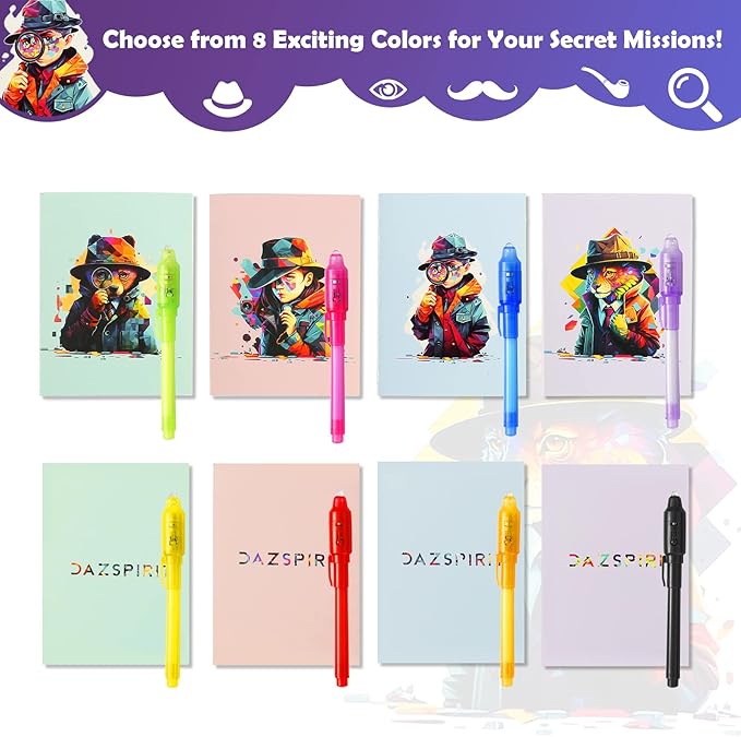 8Pcs Invisible Ink Pen Set with UV Light, Mini Notepads & Favor Bags, Magic Pen Disappearing Ink, Spy Pens for Kids, Fun Party Favors for Kids 8-12, Detective & Escape Room Themes