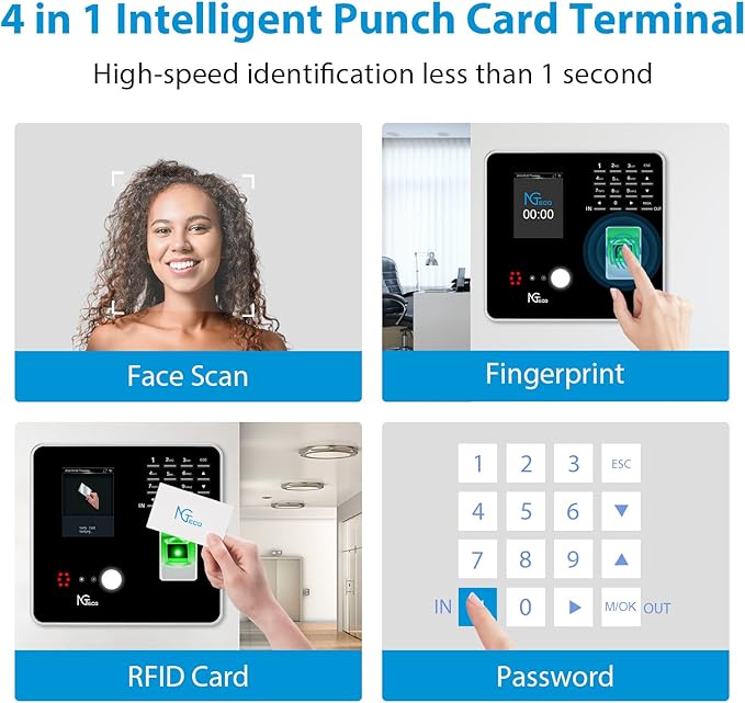 NGTeco Time Clocks for Employees Small Business with Face, Finger Scan, RFID and PIN Punching in One, MB2 Office Time Card Machine Automatic Punch with APP for iOS Android (0 Monthly Fee)