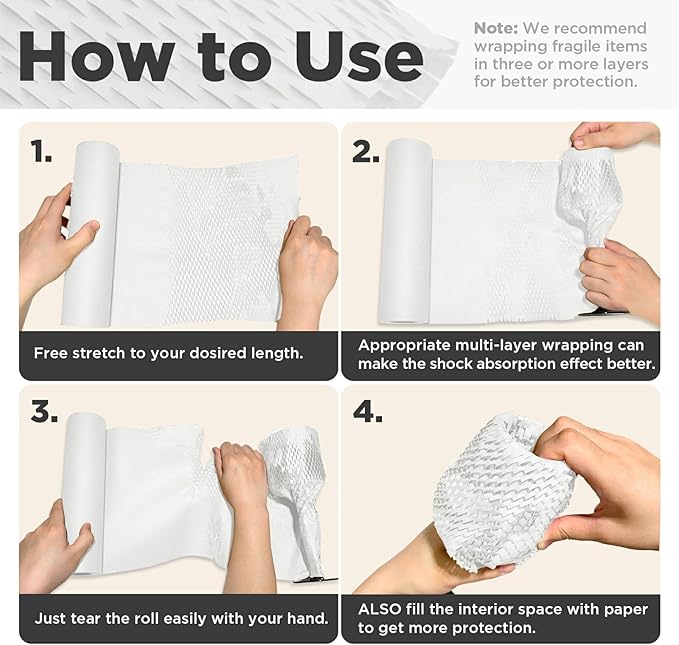 Honeycomb Packing Paper, 12"x200' White | Perforated Honeycomb Packing Paper Recyclable Moving Supplies for Shipping & Moving | Plastic-Free Alternative to Bubble Cushion Wrap with 36 Fragile Stickers