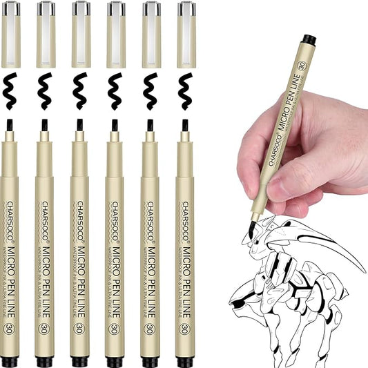 30 Micro Pen, 6 Pack Black Fine Point Pen with Waterproof Archival Ink, 3mm Fineliner Ink Pens for Artist Illustration, Sketching, Anime, Manga, Technical Drawing and Scrapbooking