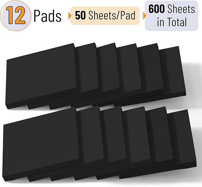 Mr. Pen- Sticky Notes, 3"x3", 12 Pads, Black, Self-Stick Note Pads, Aesthetic Sticky Pads, Colorful, Bulk