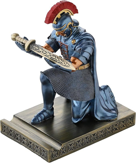 Roman Praetorian Prefect Warrior Knight Pen Holder Desk Ornament Resin Praetorian Guard Mobile Phone Stand Desk Accessories and Organizer for Office with a Letter Opener (Blue)