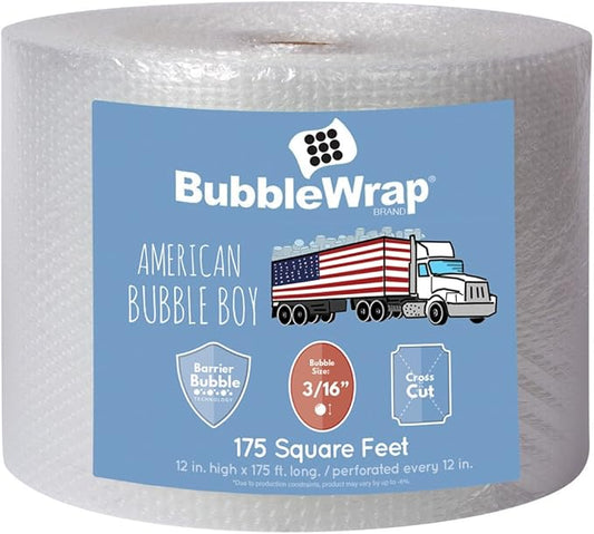 Bubble Wrap Roll 175', small bubble wrap 3/16 cushioning, 175ft perforated Every 12" Made in the USA by American Bubble Boy for packing, moving, wrapping of glassware, dishes, furniture and more!