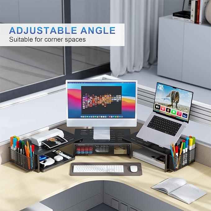 gianotter Computer Dual Monitor Stand Riser For Desk, Desk Organizers And Accessories With Drawer And 2 Pen Holder For Office, Home, School Supplies (Black)