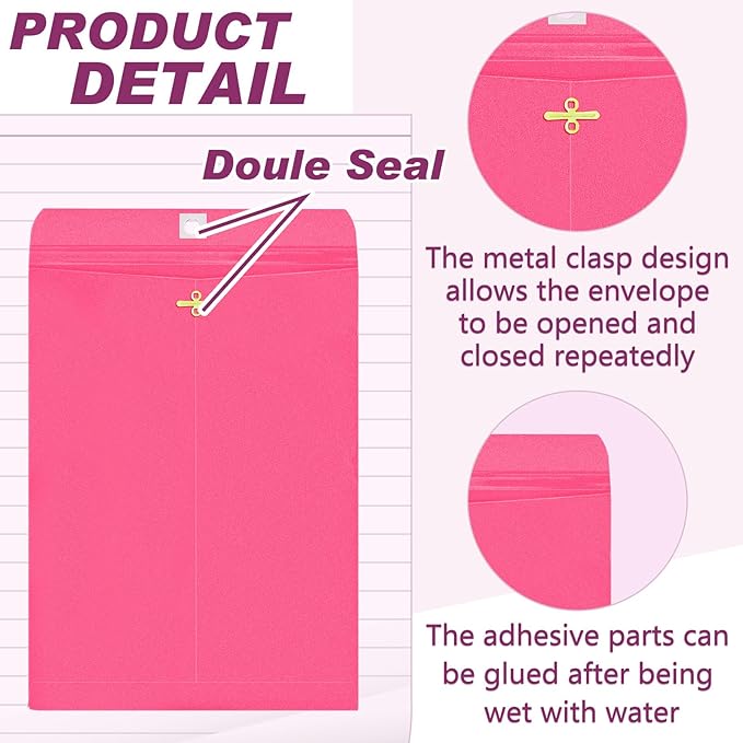 Geyee 100 Pcs Clasp Manilla Envelopes 6 x 9 Inch Gummed Colored Envelopes for Storing or Mailing for Home Office Business Supplies(Rose Pink)