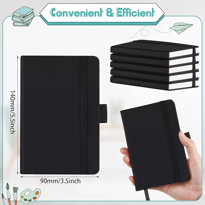 40 Pieces Small Notebooks A6 Pocket Journals 3.5 x 5.5 Inch Small Leather Notebook Mini Ruled Lined Journal with Elastic Band Pen Holder Page Marker Ribbons (Black)