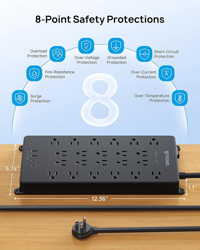 TROND Surge Protector Power Strip, 22 Widely Spaced Outlets with USB Ports, Wall Mount, 4000 Joules, ETL Listed, 15 ft Flat Plug Heavy Duty Extension Cord for Home, Office, Dorm Essential, Black
