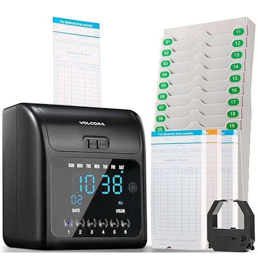 Volcora Time Clock for Employees with 150 Time Cards, 1 Ink Ribbon, 1 Rack, Punch Time Clocks Machine for Small Business with Backup Battery, Punch Clock No Key and Network Need, for Office, Retail