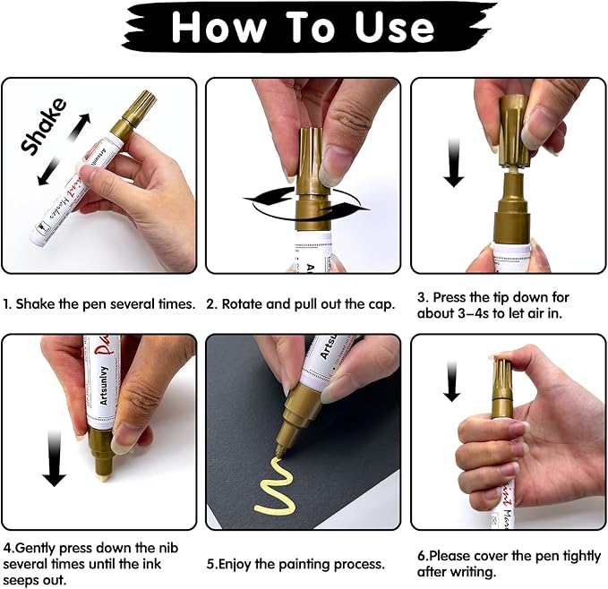 Gold Paint Pens Permanent Markers - 2 Pack Paint Markers for Metal, Rubber,Wood, Rocks, Canvas, Plastic, Dark Surface, Craft Art Supplies, Medium Tip, Quick Dry, Waterproof
