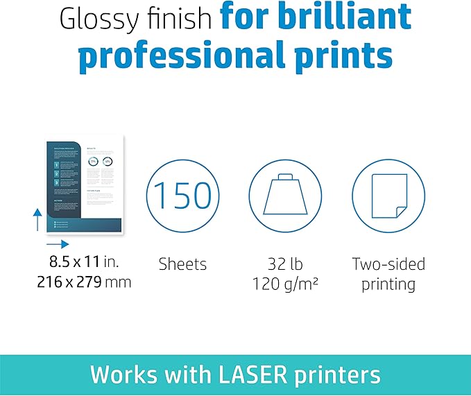 HP Everyday Business Paper, Glossy, 8.5x11 in, 32 lb, 150 sheets, works with laser printers (4WN08A)