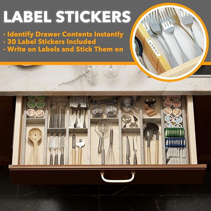 SpaceAid Bamboo Drawer Dividers with Inserts and Labels, Kitchen Adjustable Drawer Organizers, Expandable Organization for Home, Office, Dressers, 10 Dividers with 24 Inserts (17"-22" Gray)