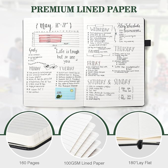 Lined Journal Notebook, 3 Pack A5 College Ruled Notebooks for Work, Hardcover Notebook Each with 2 Pockets & Pen, Leather Journal for Women, Men, 160 Pages, 100GSM Thick Paper (Blue, Purple, Green)