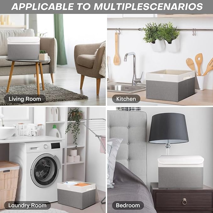 Large 22 Quart Linen Fabric Foldable Storage Bin Cube Organizer Basket with Flip-Top Lid & Handles, Clothes Blanket Box for Home, Office, Closet, Gray & White, 4 Pack 14.6 x 9.5 x 9.5”