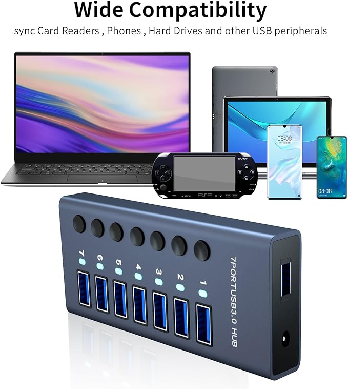 MaxLax 7 Port Aluminum USB 3.0 hub with 7 Port USB Data Transfer,36W (12V/3A) Power Adapter USB Splitter Independent Switch