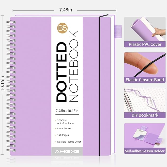 AHGXG Bullet Dotted Journal - Dot Grid Spiral Notebook B5, 140 Pages, 100 GSM Thick Paper, Waterproof Plastic Cover Journals for Bullet Journaling, Sketching, 7.6" x 10", Purple