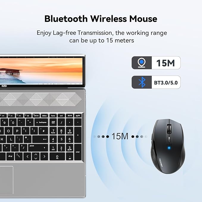 TECKNET Bluetooth Mouse, 4800 DPI Wireless Mouse, 2-Year Battery 6 Adjustable DPI, 6 Buttons Compatible with Laptop/Windows/Computer - Grey