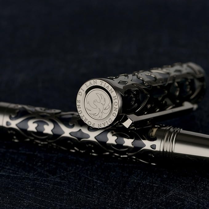 Hongdian D1 Piston Fountain Pen Fine Soft Nib, Jet Black Hollow Skeleton & Resin Pen with Metal Case Set