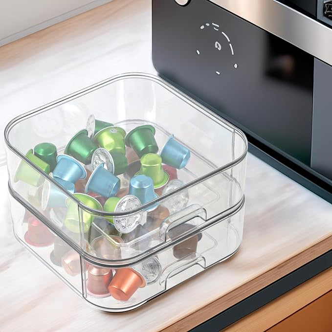 Set of 2 Stackable Storage Drawers - 7.8" Clear Plastic Drawer Storage, Acrylic Makeup Organizer, Desk Counter Cabinet Office Organizer, Bathroom Organizers and Storage (Square/Set of 2)