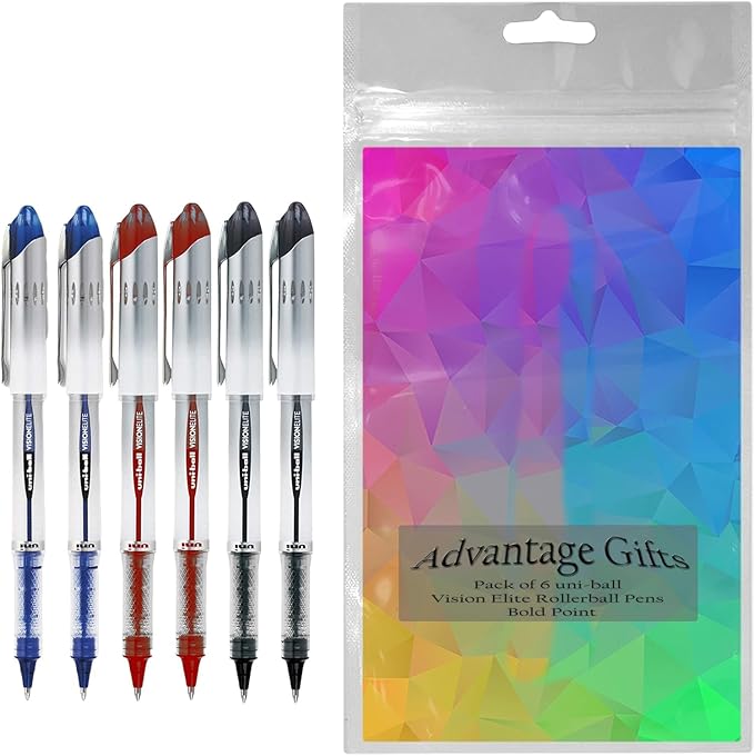 Vision Elite Rollerball Pens, Bold Point (0.8mm), Black/Blue/Red Ink, 6 count, Bundle with Plastic Reusable Pouch