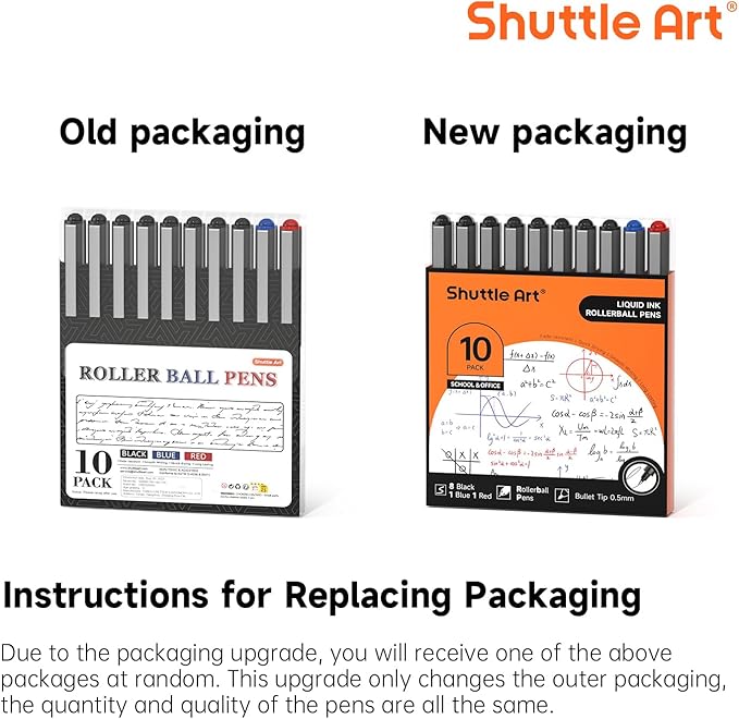 Shuttle Art Rollerball Pens, 10 Pack(8 black 1 blue 1 red) Liquid Ink Pens, 0.5mm Extra Fine Point, Quick Drying for Writing Journaling Taking Notes School Office