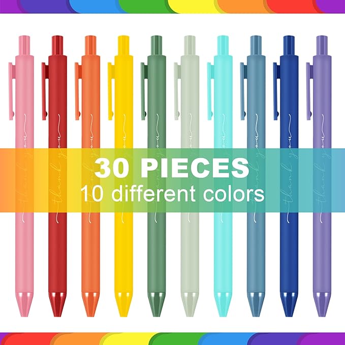 30pcs Thank You Pens Bulk Cute Multicolor Ballpoint Pen for Men Women Server Accessories Employee Holiday Appreciation Gifts for Teacher Office Back to School Party Favor (Rainbow)