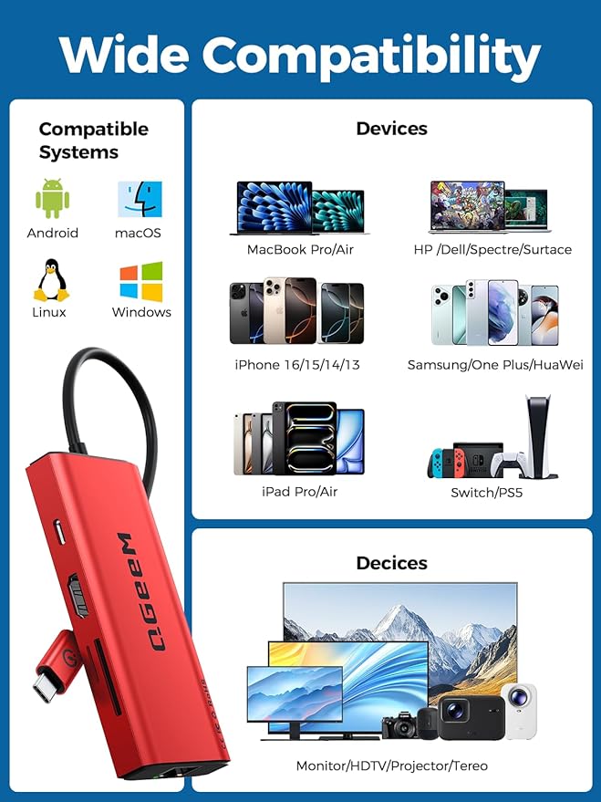 QGeeM USB C Hub Ethernet,9 in 1 USB Type C Hub HDMI Multi-Port Converter Adapter,100W Pd, USB 3.0,SD/TF Card Reader,Compatible for MacBook Pro Air Ipad HP Dell Lenovo Chromebook etc.-Red