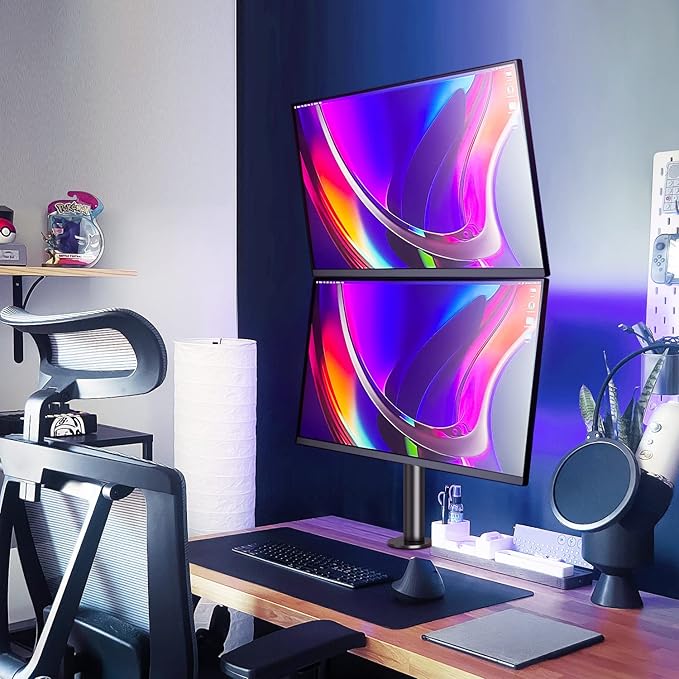 MOUNTUP Dual Monitor Stand, Vertical Monitor Mount for 2 Max 32 inch Stack Screen Monitors, Height Adjustable, Swivel, Tilt Monitor Desk Mount with C Clamp Grommet Base, MU3004