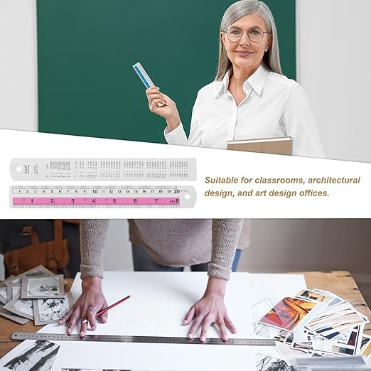 HARFINGTON 4pcs Metal Straight Ruler 20cm Metric SAE Aluminum Alloy Measuring Rulers Scale Tools with Hole for Measure Study Reading Classroom Office, Pink