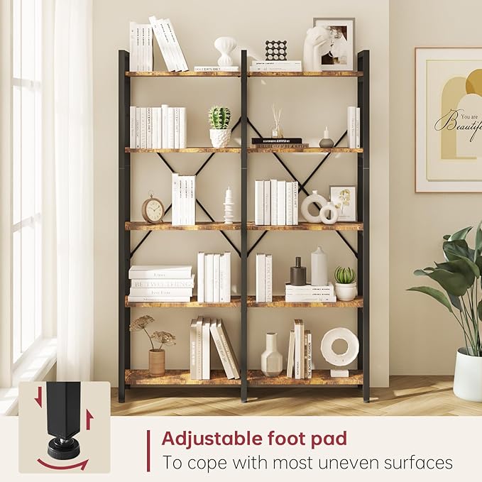 oneinmil Bookshelf 5 Tier, 58.7'' Industrial Book Shelf, Wooden Bookshelves with 10 Open Display Shelves, Vintage Storage Rack, Standing Wide Bookcase for Home and Office, Rustic Brown