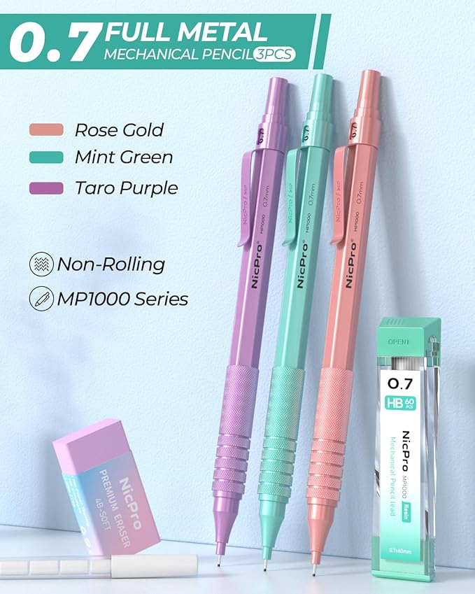 Nicpro 0.7 mm Metal Mechanical Pencil Set, 3PCS MP1000 Artist Lead Pencils With 480PCS HB 2B Lead Refills, Erasers, Pastel Aesthetic Mechanical Pencils for School Supplies Writing Drawing Sketching