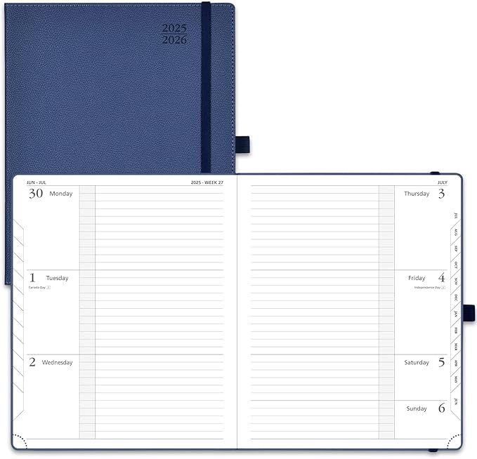 POPRUN Planner 2025-2026 (Large 8.5''x 10.5''), Horizontal Weekly Notebook Jul.2025 - Jun.2026, Academic Appointment Book with Monthly Tabs, Leather Hardcover, Inner Pocket, 100 GSM - Navy Blue