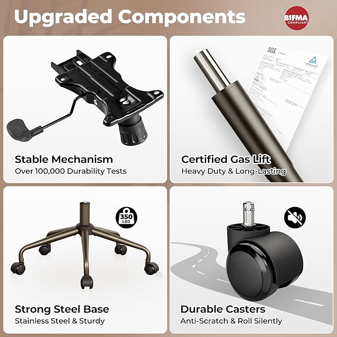 ovios Ergonomic Home Office Chair, Mid-Century Modern Faux Leather Chairs with Padded Armrests, Comfy Mid Back Swivel Rolling Executive Computer Armchair (Brown, Suede Leather)