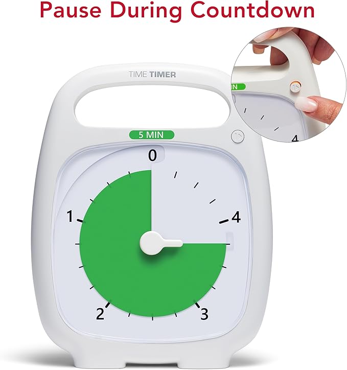 TIME TIMER PLUS 5 Minute Desk Visual Timer - Countdown Timer with Portable Handle for Classroom, Office, Homeschooling, Study Tool with Silent Operation (White)