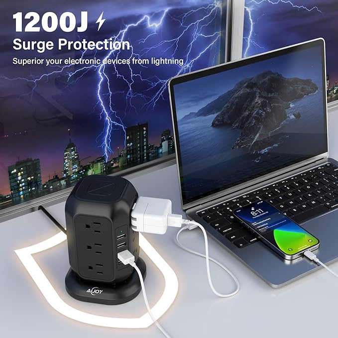 Power Strip Tower with USB Ports-AiJoy Surge Protector with 12 AC Outlet and 4 USB Ports, 10 Ft Extension Cord with Multiple Outlets, Charging Station with Overload Protection, for Home Office Dorm