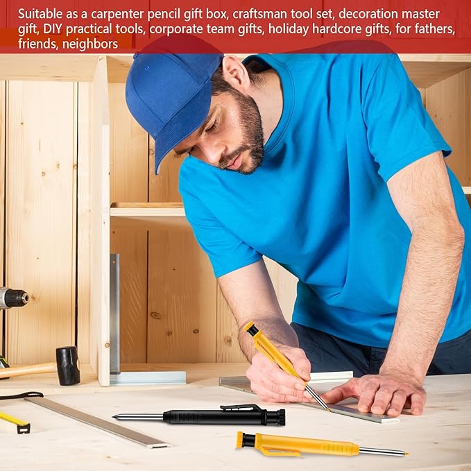 8 pack 2.8mm Mechanical Carpenter Pencils with 48 Refills, Construction Pencils with Built-in Sharpener, Long Nib Deep Hole Marker, Heavy Duty Woodworking Tools (Black+yellow)