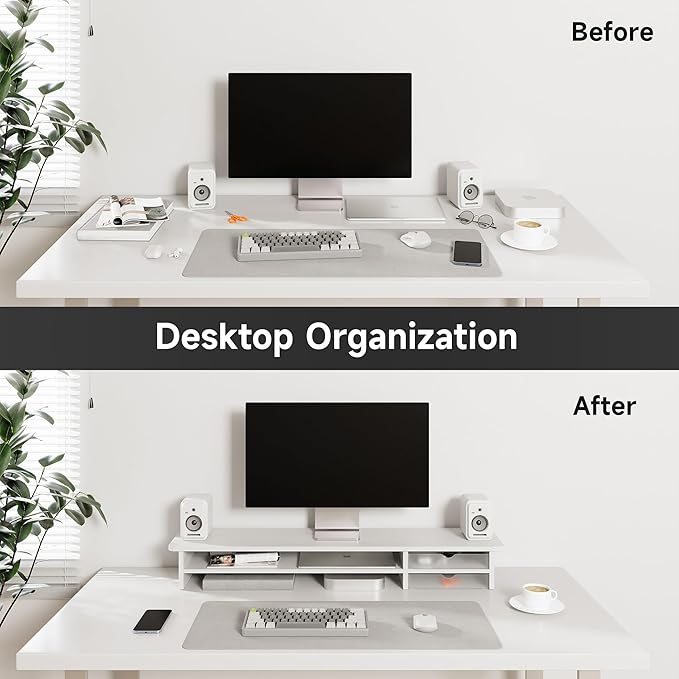 Fenge Monitor Stand, Dual Monitor Riser, 42.5inch Large Desk Computer Monitor Stand Riser with Drawer, 2 Tier Wood & Acrylic Desktop Organizer for Computer, Laptop, Printer, TV Screen Riser