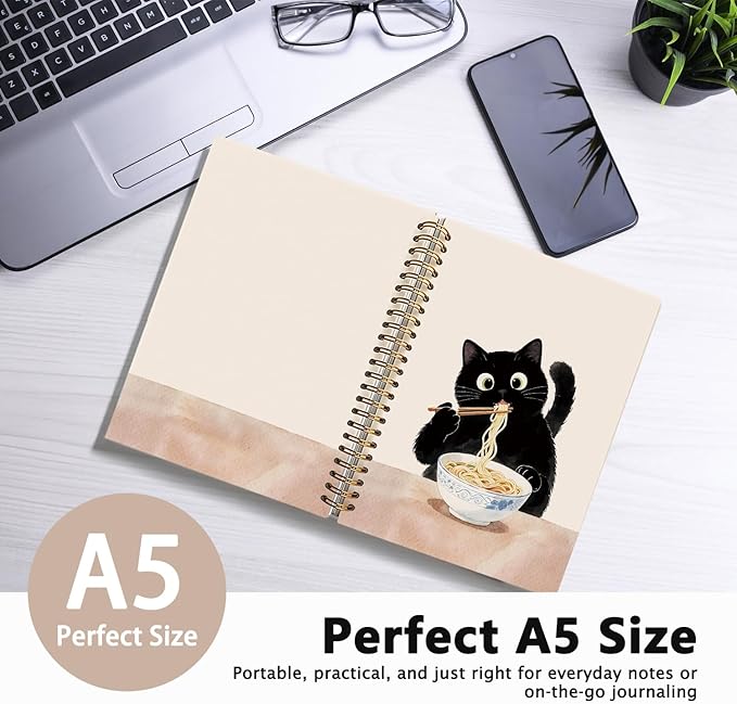 LIANHW Funny Black Cat Notebook, Cats Lover Gifts Notebooks for Note Taking, Cats Mom Lady Gifts Journal, Black Kitten Eat Noodles Journals for Writing, Cat Office Supplies, 5.5x8.3 Inch