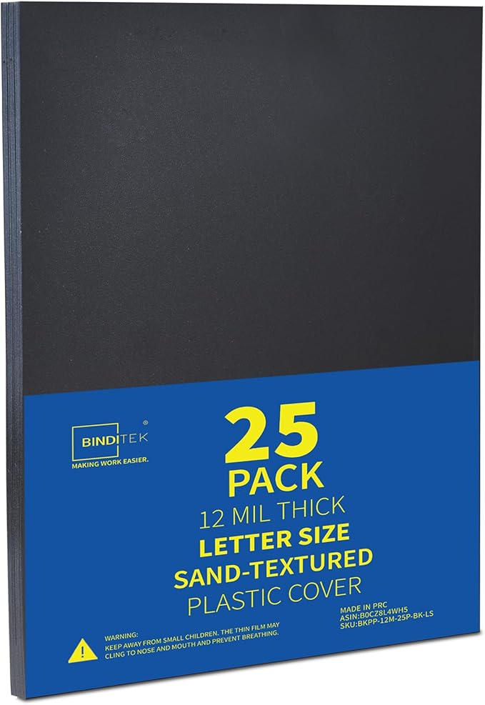 Binditek 25 Pack 12 Mil Sand-Textured Polycover, Midweight Binding Front and Back Covers, Lightly Sanded Finish, 8-1/2" x 11", Square Corners, Un-Punched, Black, Office Supplies