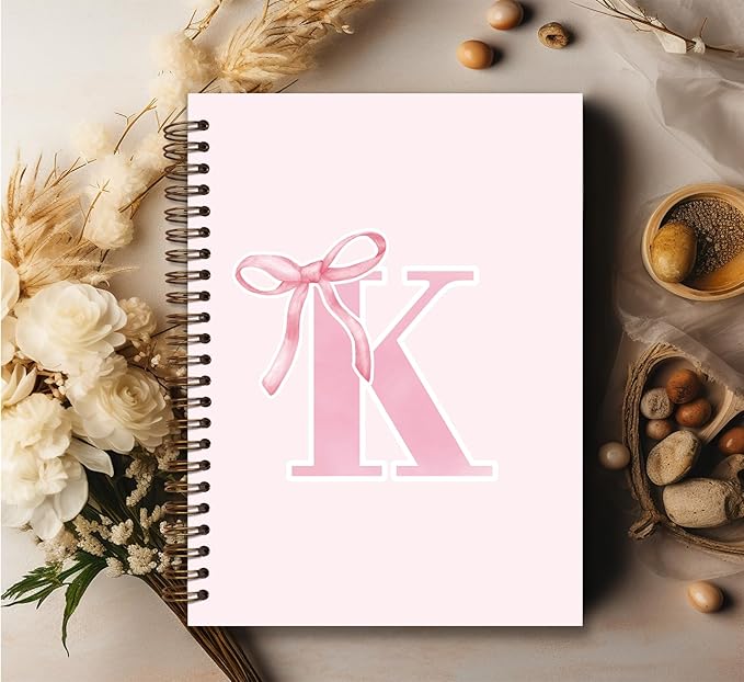 Coquette Trendy Preppy Pink Bow Spiral Notebook,Initial K Journal Personalized Teen Girl Gifts,Monogrammed Gifts for Women Teen Girl,College Ruled Hardcover Spiral Notebook 5.5 x 8.3