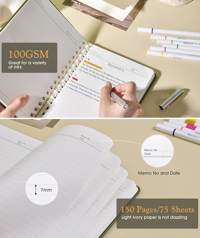 Lined Spiral Journal Notebook, A5 Hardcover Spiral Journals for Women Men, 150 Numbered Pages Spiral Bound Notebook, 100 GSM College Ruled Notebooks for Work, Note Taking 5.75" x 8.38", Olive Green