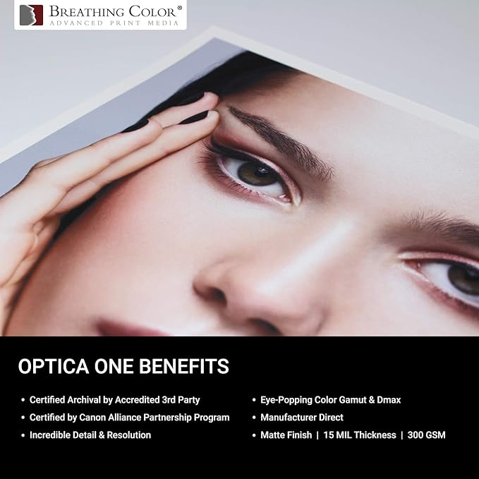 Optica One is a Luxurious 300 gsm Smooth Matte Fine Art Inkjet Paper Featured in a 60"x40' Roll; Its Bright White Color Makes It Ideal for Black and White and Color Prints. 100% Archival Certified
