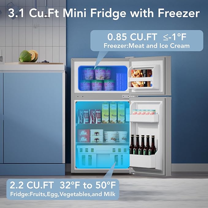 3.1 Cu.Ft Small Fridge with Freezer, Compact Refrigerator with 2 Doors, Mini Fridge with Adjustable Removable Glass Shelves for Bedroom, Dorm, Office or Apartment,Grey