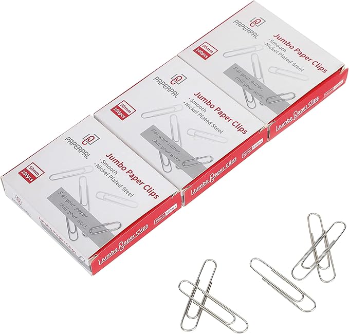 PAPERPAL Paperclips for Office School & Personal Use, Jumbo Smooth Paper Clip (2"), 300 Large Paper Clips (3 Boxes of 100 Each), Silver