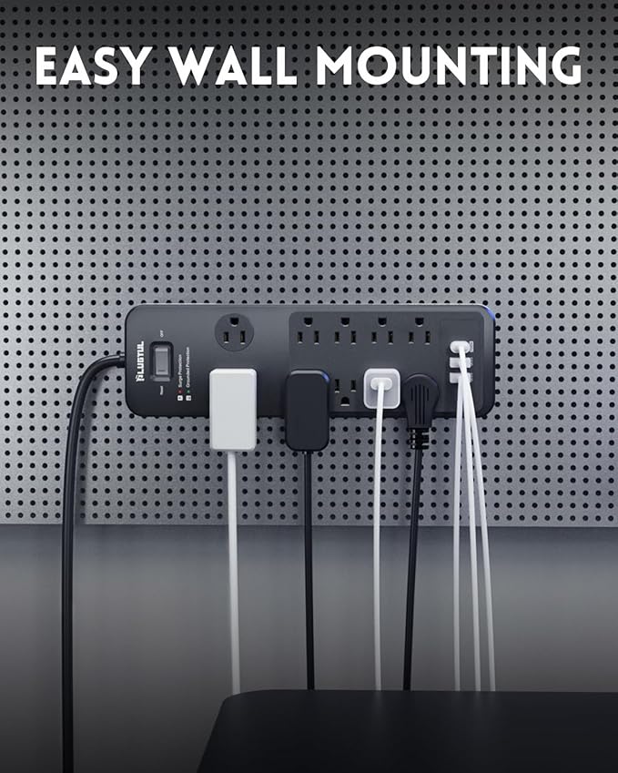 Surge Protector Power Strip 25FT, PLUGTUL Surge Protector with 10 Outlets - Spacious Design for Large Plugs, Flat Plug, 20W USB C Charging for Home, Office, ETL Listed, 2040J