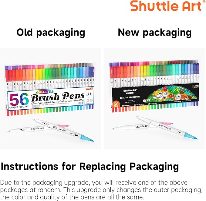 Shuttle Art Dual Brush Marker Pens, 56 Colors Water-based Ink, Dual Tip Calligraphy Pens Fineliner and Brush Tip perfect for Kids Adult Artist, Hand Lettering, Journal, Doodling, Writing